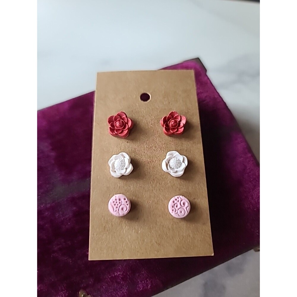 Polymer Clay Floral Stud Earrings New, Set Of Three